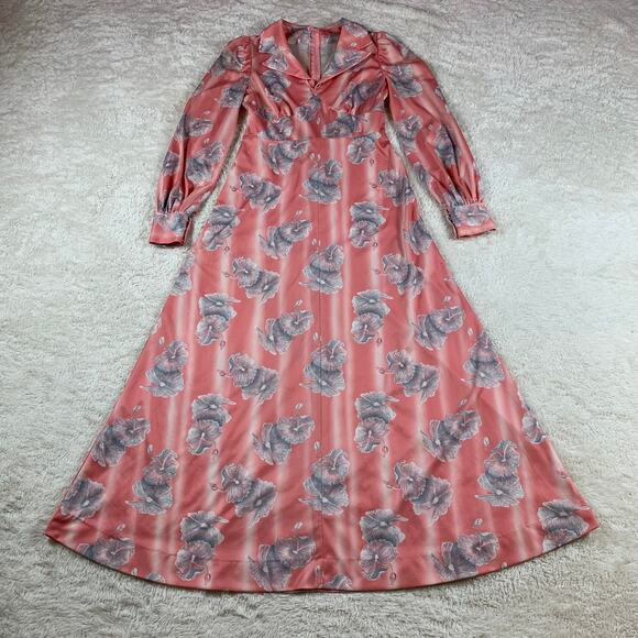 Vintage 70s Peach and Floral print long sleeved fit and flare maxi dress, med - Picture 3 of 11